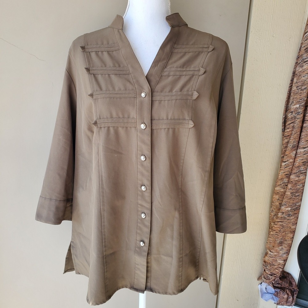 Cathy Che Button Up Blouse Womens 14/16W Brown Pintuck‎ Military Stretch Tunic
